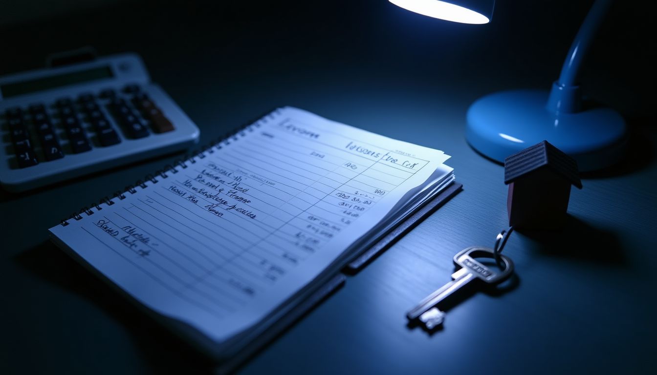 A neat rental income ledger with an indigo house key on a dark desk — rental returns guide