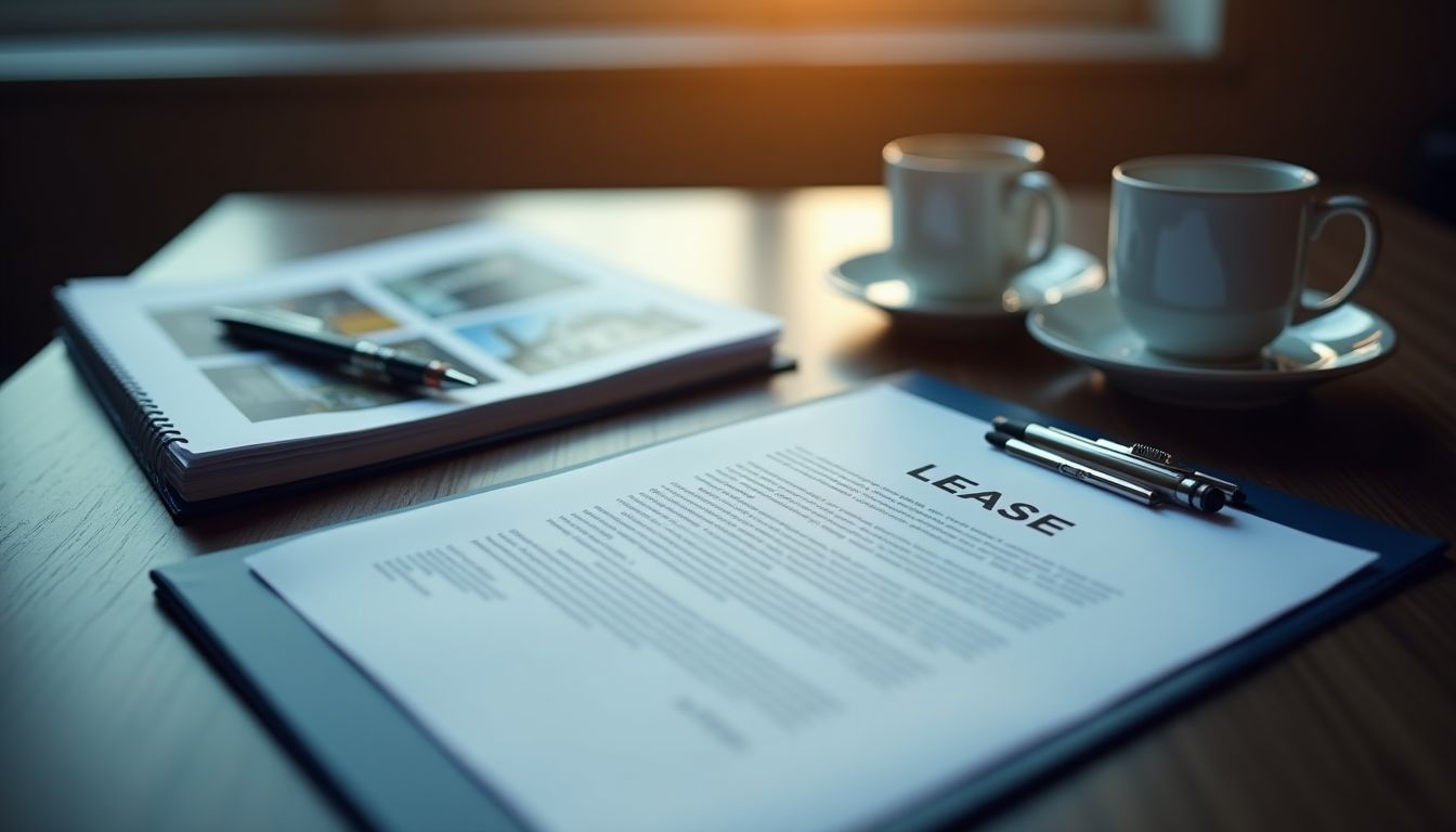 A signed lease and two coffee cups under indigo light on dark wood — tenant management guide